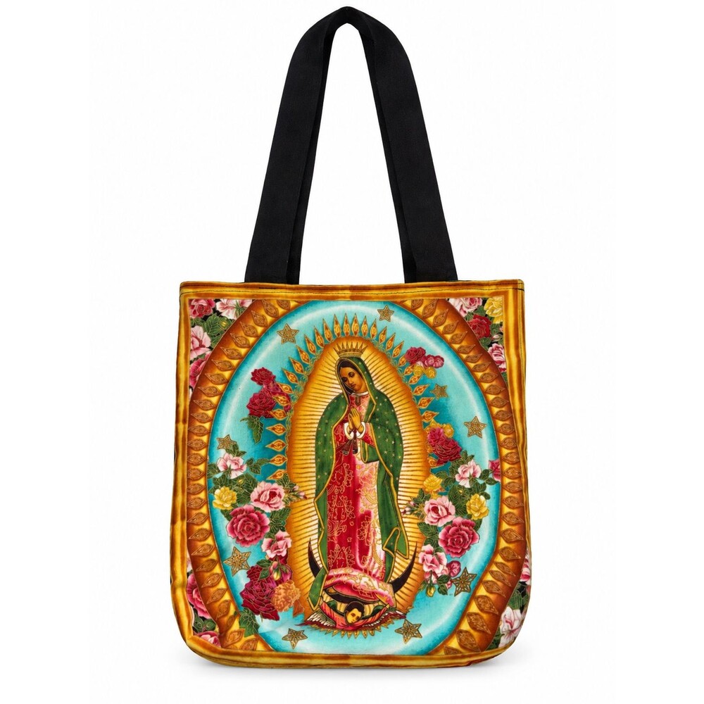 13x12 Our Lady of Guadalupe Tote Bag Virgin Mary Floral Folk Art Turquoise Red